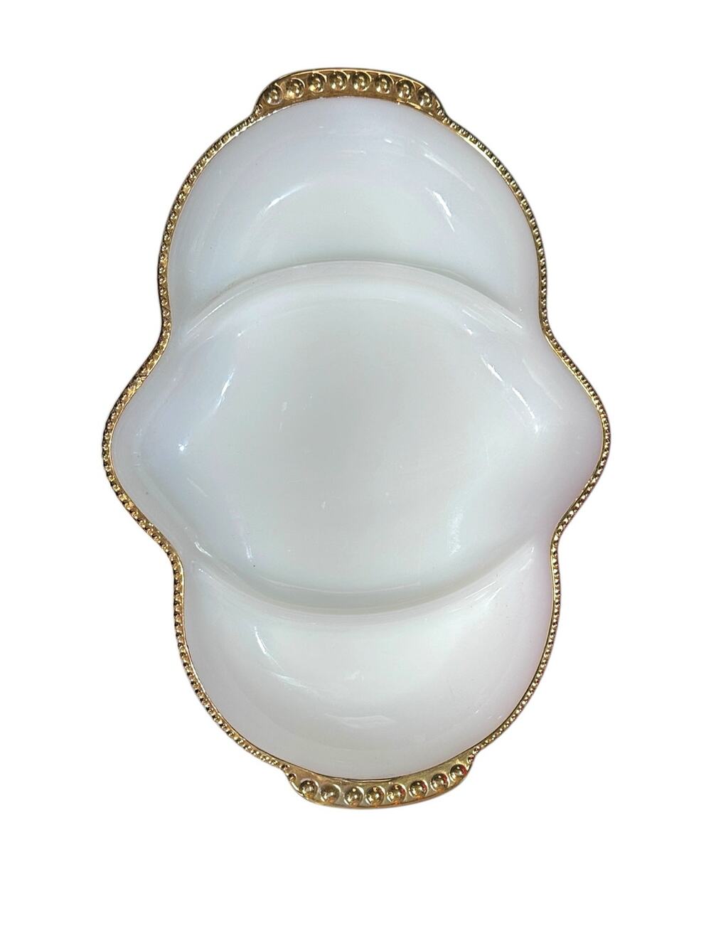 Vintage Fire King Milk Glass Relish Serving Dish Hobnail gold trim--11" X 7"